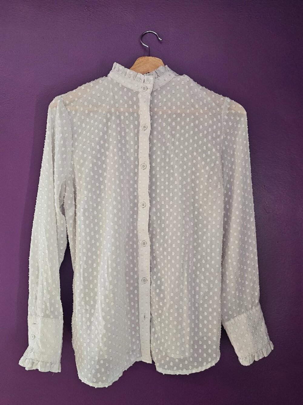 Banana Republic Sheer Mock Neck Polka Dot Blouse Gray Office Career Size - M